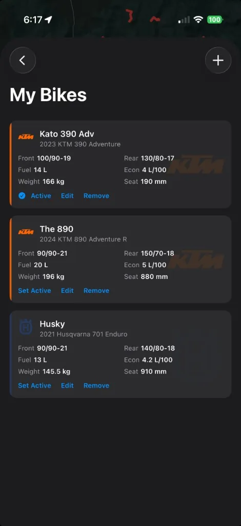 TerraADV My Bikes garage with three bikes listed, showing tank size, fuel consumption, weight and seat height, and which bike is active.