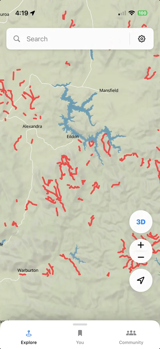 TerraADV map in the light theme showing the High Country from Mansfield across to Alexandra and Warburton, with dozens of official road closures marked in red.