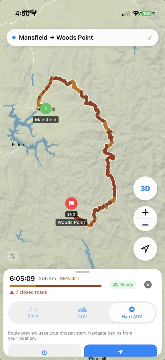 The same Mansfield to Woods Point trip on the Hard ADV profile: 235 kilometres, 99 per cent dirt, six hours 5, looping far east on tracks.