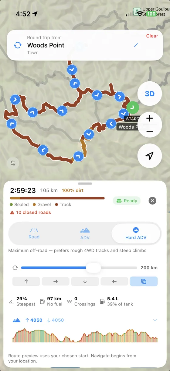 TerraADV generating a 105 kilometre round trip from Woods Point on the Hard ADV profile, all dirt, with a distance slider set to 200 kilometres and direction buttons beneath it.