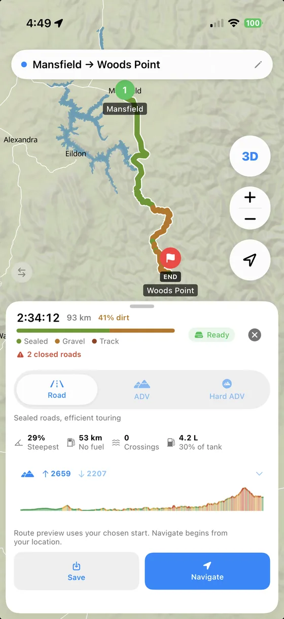TerraADV planning Mansfield to Woods Point on the Road profile: 93 kilometres, 41 per cent dirt, two hours 34, the route drawn green for sealed and orange for gravel.