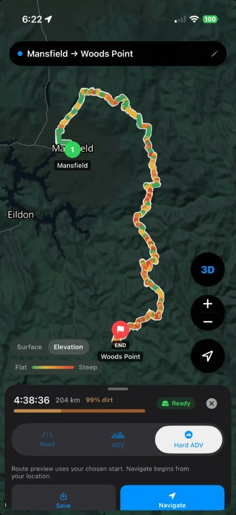 TerraADV planning Mansfield to Woods Point on the Hard ADV profile: 204 kilometres, 99 per cent dirt, elevation preview ready to navigate.
