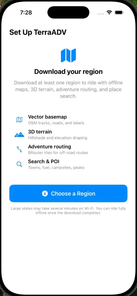 TerraADV setup: download a region for offline maps, terrain and adventure routing.
