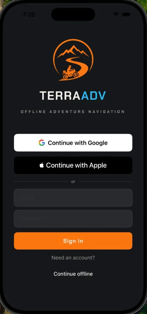 TerraADV sign-in screen with Google, Apple and email options.