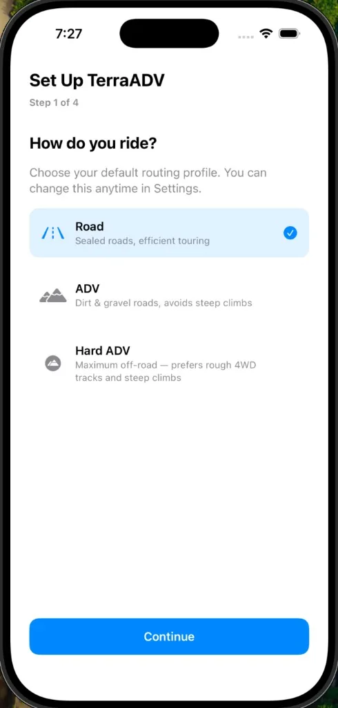 TerraADV setup: choose your default riding style — Road, ADV or Hard ADV.
