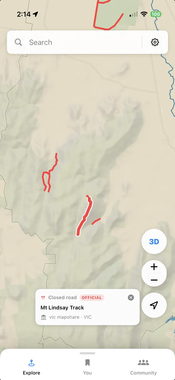 TerraADV map with an official road closure drawn in red across Mt Lindsay Track, sourced from VIC MapShare.